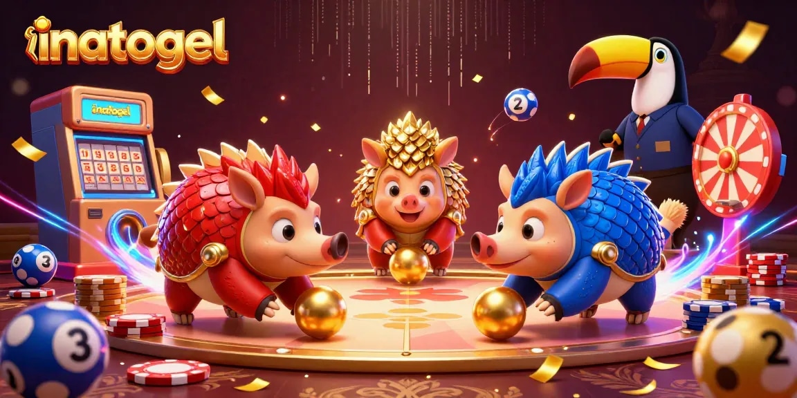 Inatogel mempersembahkan dua pangolin bersaing dalam permainan togel dengan bola emas dan chip poker, penuh energi.