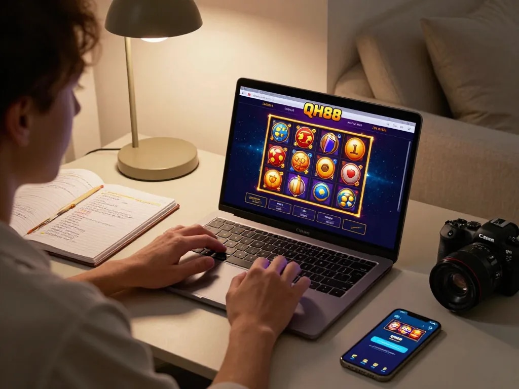 Person excitedly playing Qh88 online slots on a laptop, showcasing a cozy home gaming setup.