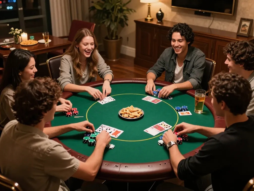 Friends enjoying a lively poker night, strategizing their bets at BETWIN4D.