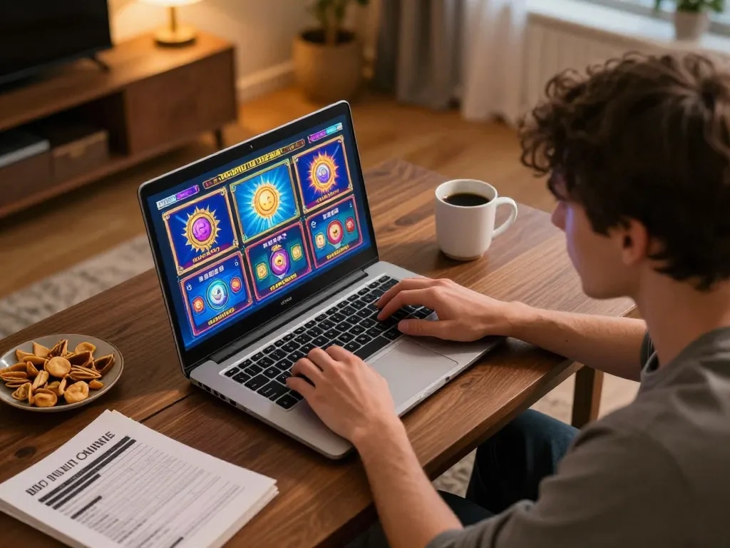 Player enjoying online slot games at home, showcasing gincal strategies for better odds and fun