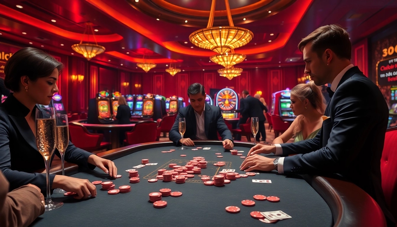 Engaging gameplay at a luxurious 88xx casino poker table with focused players and vibrant ambience.