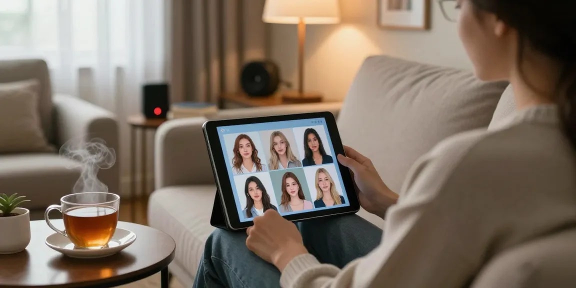 Engaging with an AI girlfriend in a cozy setting, showcasing digital interaction.