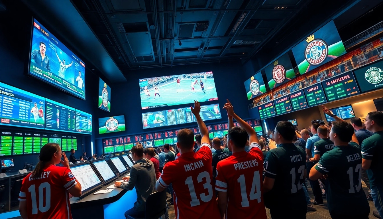 Engaging sports betting scene showcasing fans and live games in a vibrant sportsbook.