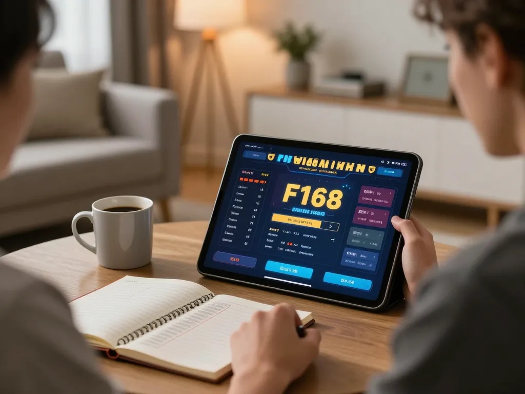 Player enjoying F168 online casino gaming on tablet in a cozy living room setting