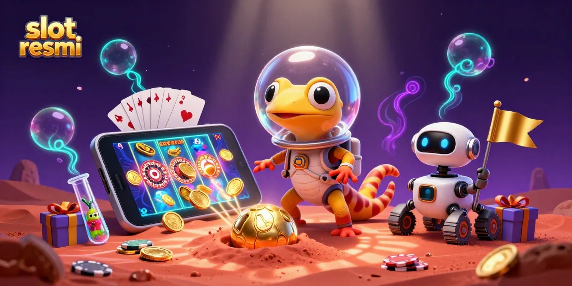 Slot resmi yang menampilkan gecko Mars menjelajahi kasino emas dengan elemen permainan menarik