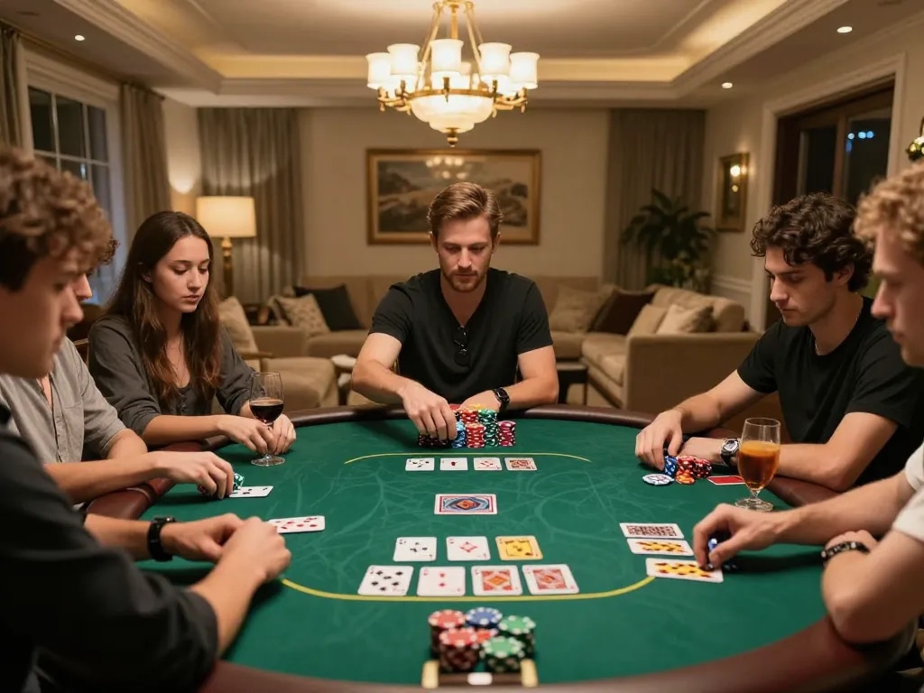 Players enjoying poker at home, showcasing 88aa engagement and strategic gameplay with cards and chips.