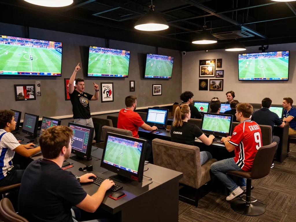 Betters placing strategic wagers at a modern debet sports betting lounge.