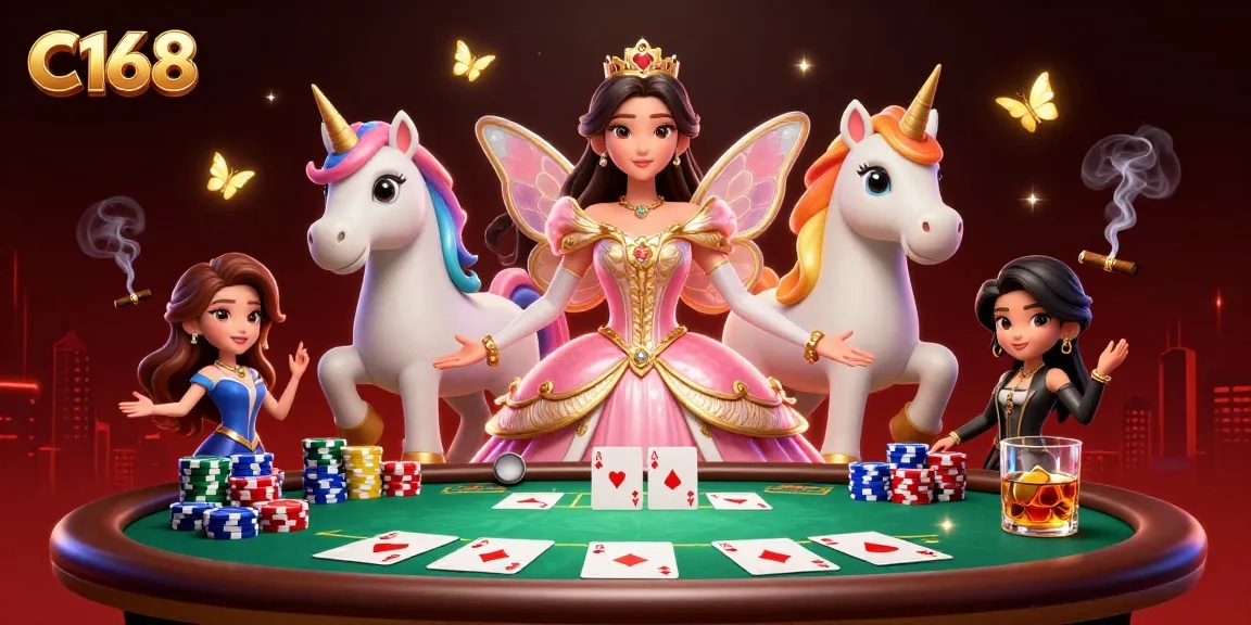 Experience the thrilling world of C168 with a glamorous Asian woman and a golden unicorn at a vibrant poker table.