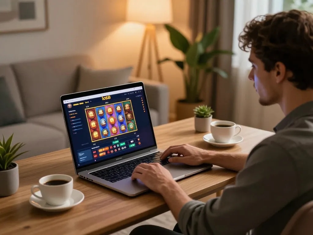 Enjoying a thrilling experience at lc88 online casino with spinning slot reels on a laptop