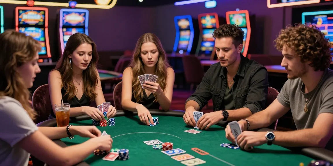 Friends enjoying fun88thaimeth poker night at a lively casino table.