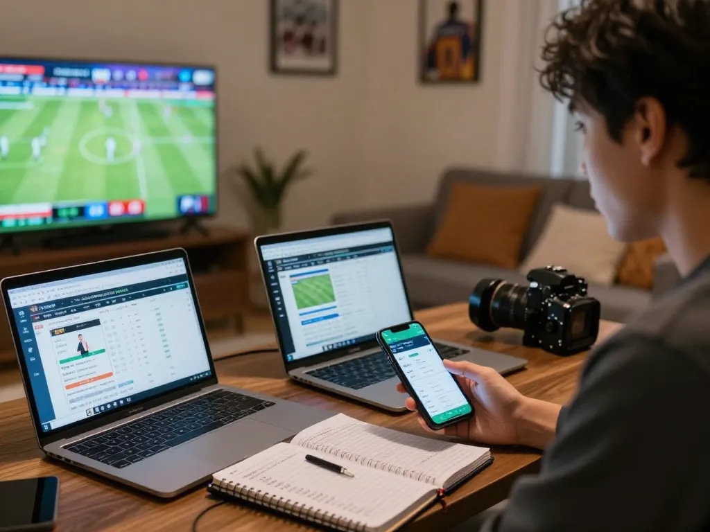 Engaged bettor analyzing kèo nhà cái live during sports matches, showcasing strategic betting insights.