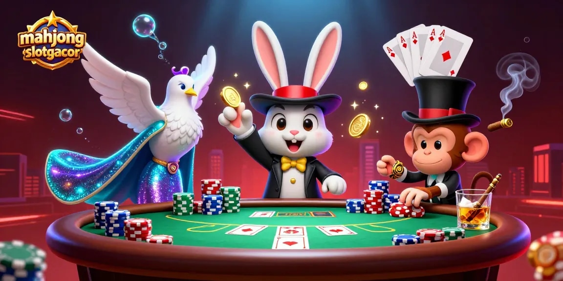 Experience mahjongslotgacor magic with a whimsical rabbit, dove, and monkey at a lively poker table.