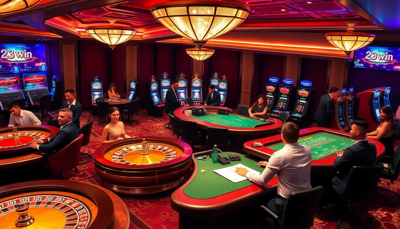 Players enjoying a thrilling game at 23win casino with vibrant tables and excitement.