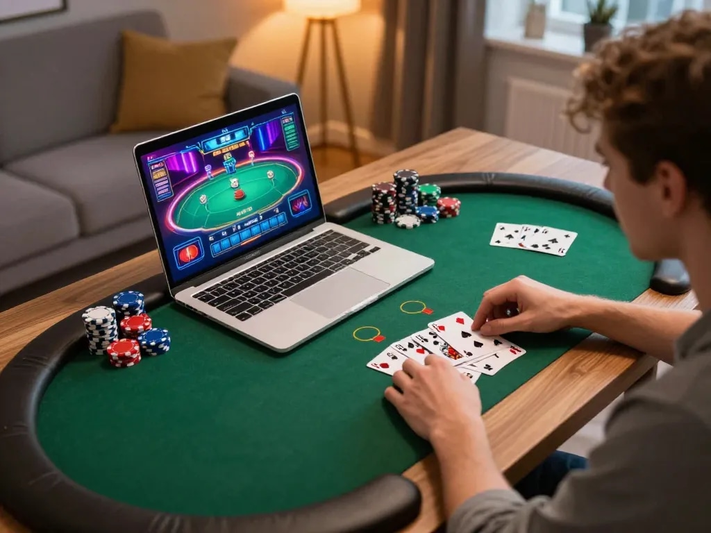 Player enjoying a thrilling poker session on RR88's online platform from the comfort of home.