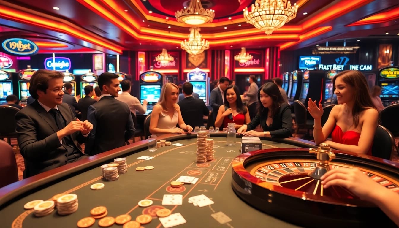 Players enjoying various games at an i9bet casino table with poker chips and roulette wheels.