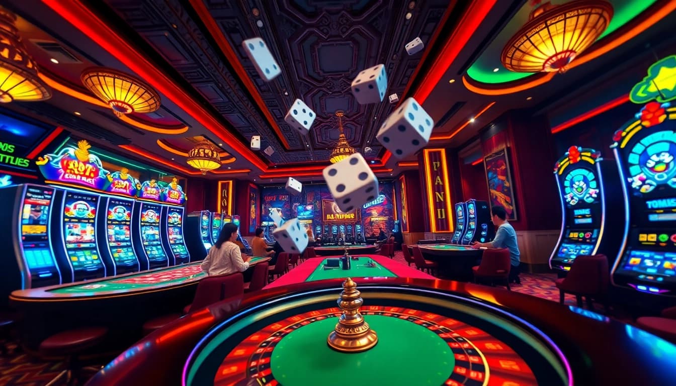 Excited gamblers playing at GG88 casino tables, showcasing poker chips and vibrant slot machines.