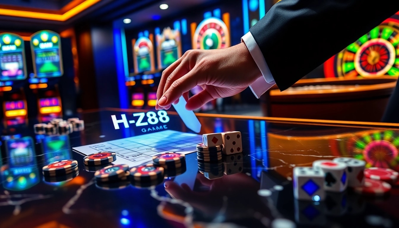 Professional gambler placing strategic bets on hz88 game digital interface with poker chips and live casino action