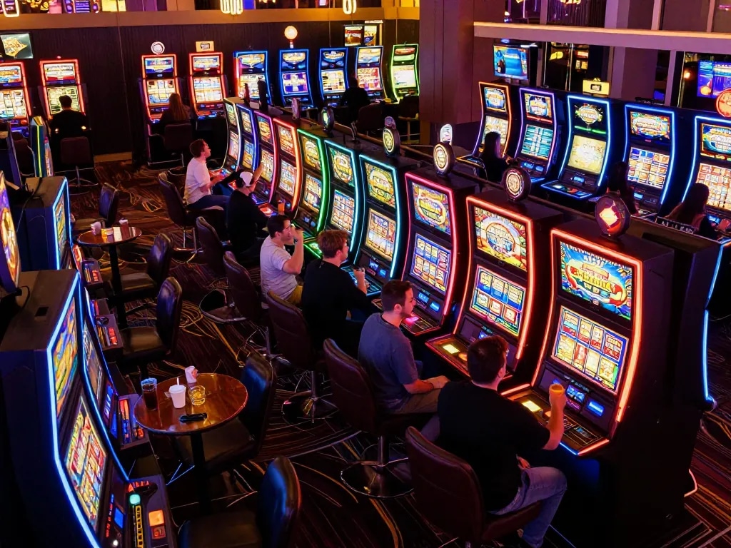 open88 players celebrating a win at colorful slot machines in vibrant casino atmosphere