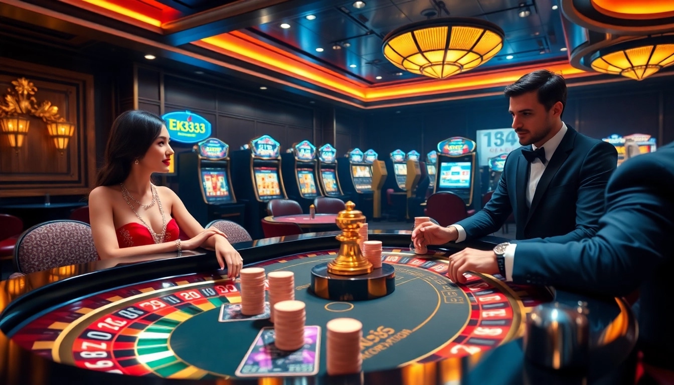 Players enjoying a high-stakes poker game at EK333's luxurious online casino.