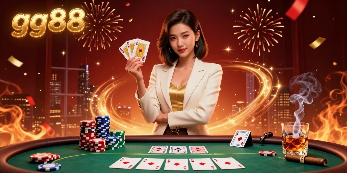 Engage with gg88 in a vibrant casino scene, showcasing a powerful businesswoman amidst poker games, chips, and celebratory elements.