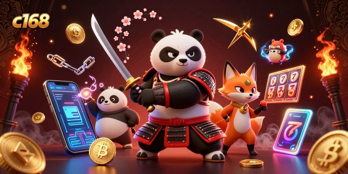 Engage with thrilling games at c168's vibrant 3D casino featuring samurai and ninja characters.
