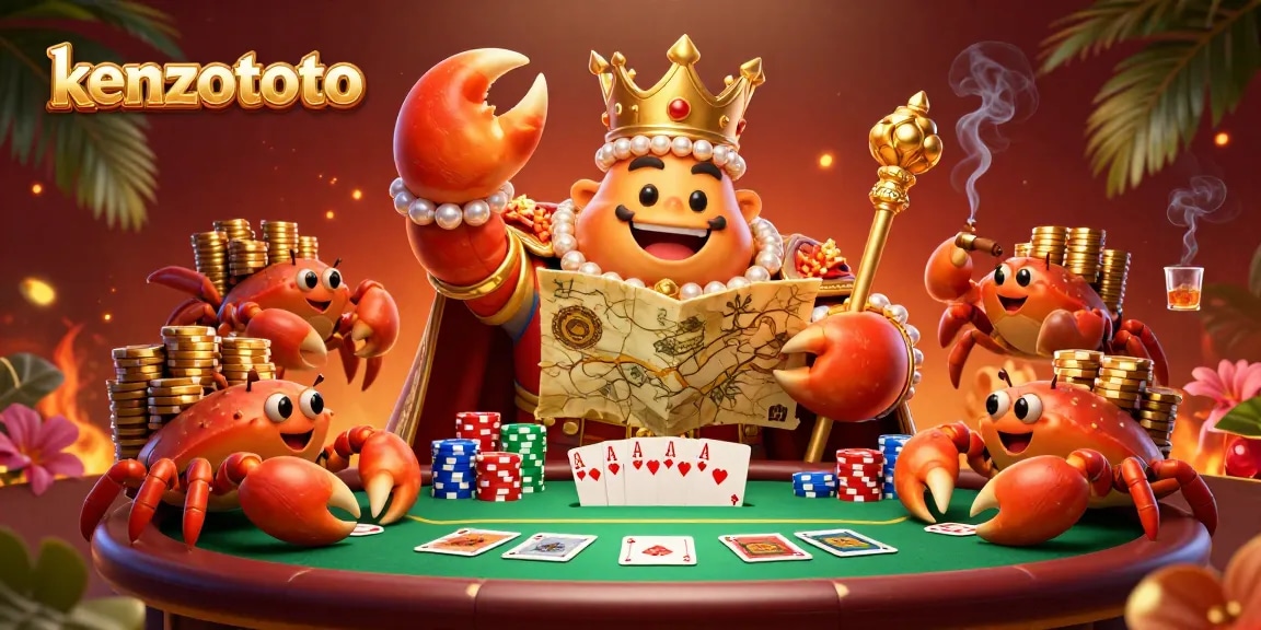 Kenzototo captivates players with a golden crab emperor in a lavish poker scene, promising excitement and wealth.