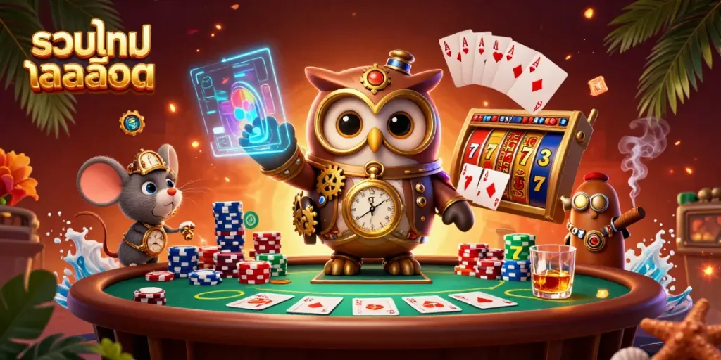 Explore innovative slot games with รวมเกมสล็อต in a vibrant steampunk casino scene.