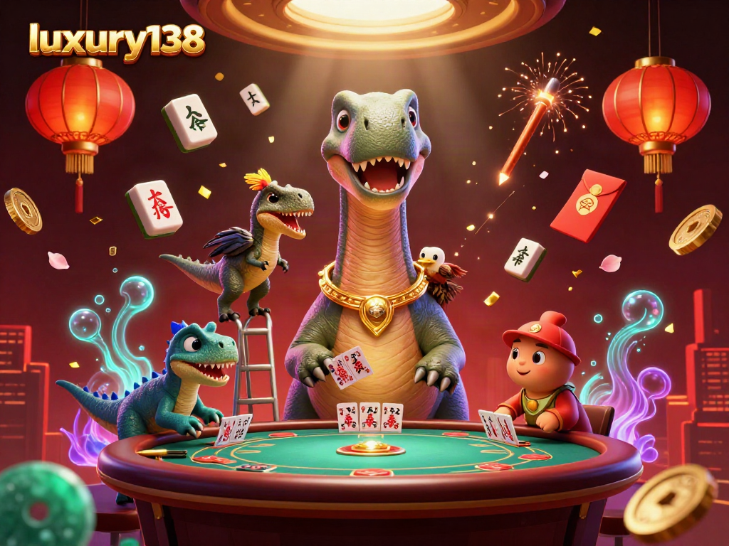 Permainan kartu di luxury138 dengan dinosaurus kartun dan efek keceriaan kasino