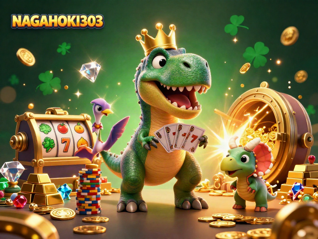 NAGAHOKI303 menggambarkan dinosaurus lucu bermain kartu dan menumpuk chip emas dalam suasana kasino yang meriah.