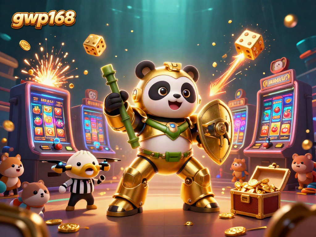 Gambarkan suasana kasino dengan gwp168, panda emas bertarung di arena dengan elemen slot.