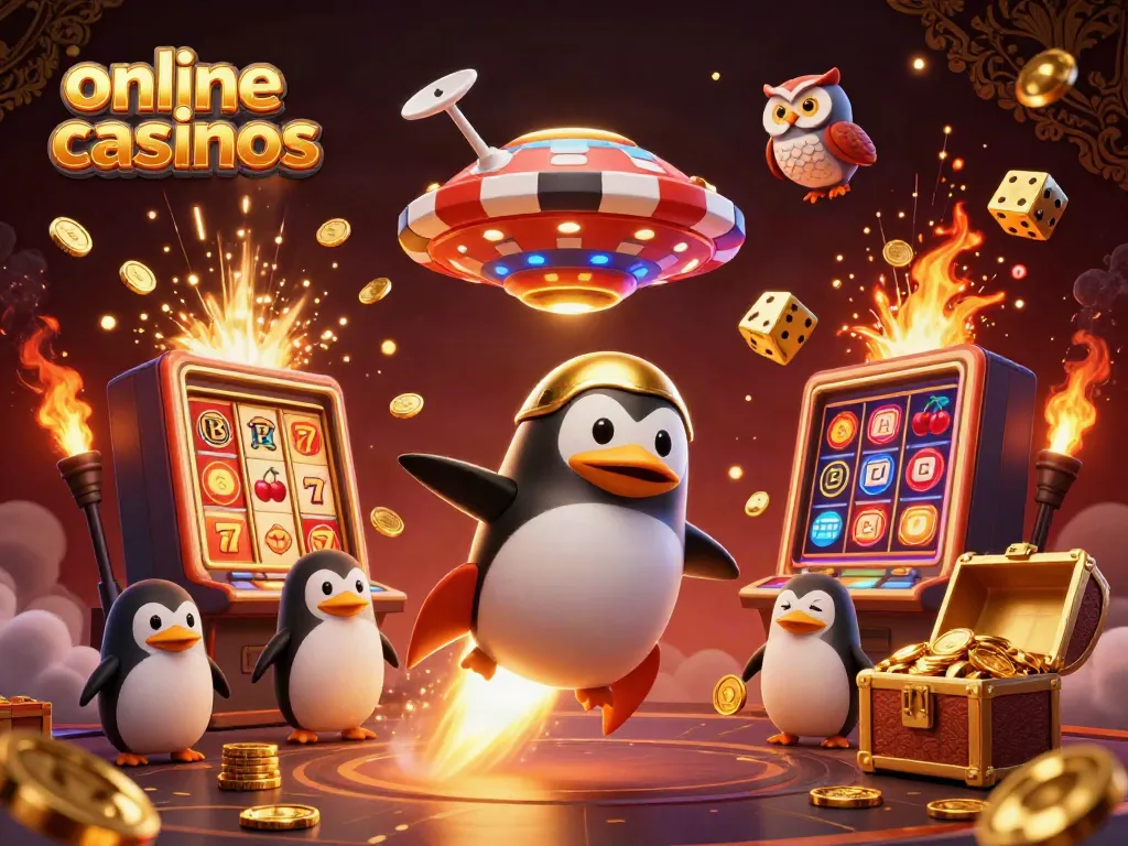 Experience excitement with online casinos as a golden rocket penguin blasts through a jackpot-filled cosmic scene.