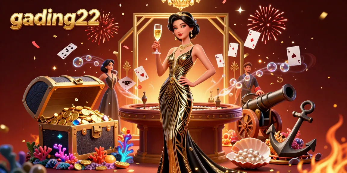 Engage with gading22 in a vibrant online casino illustrated scene featuring luxury, excitement, and rich game elements.
