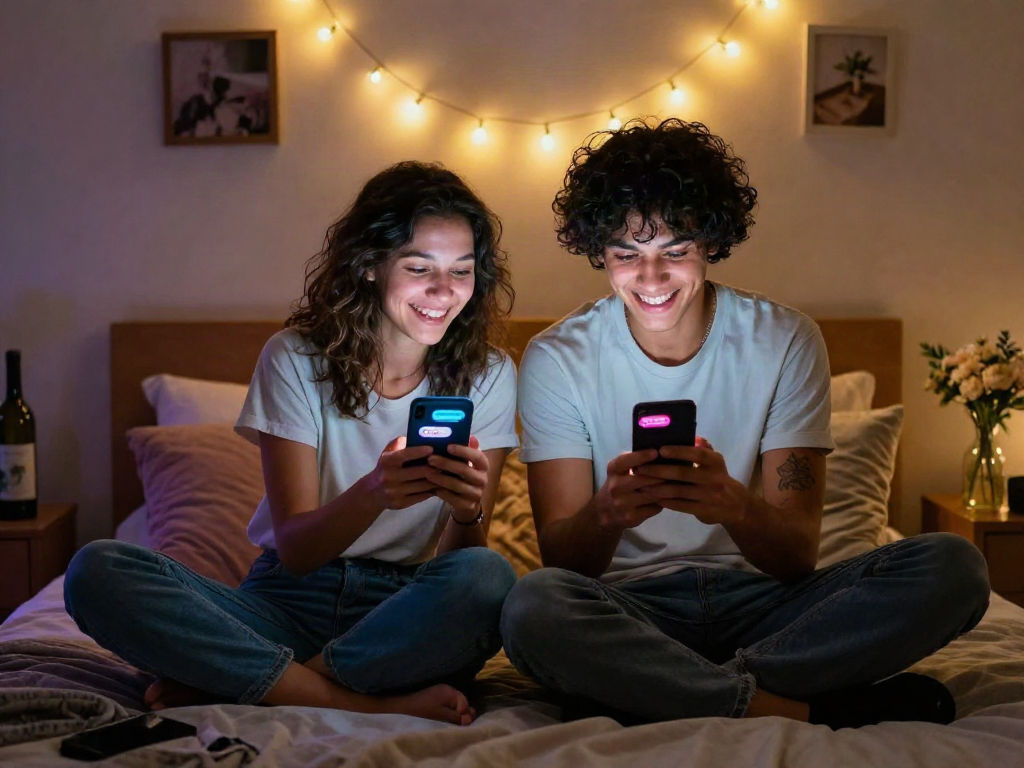 Sexting AI conversation scene with young couple on smartphones, romantic and cozy atmosphere