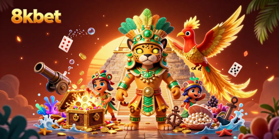 Experience thrilling wins with 8xbet as the Mayan jaguar priest encounters treasures in a vibrant casino scene.