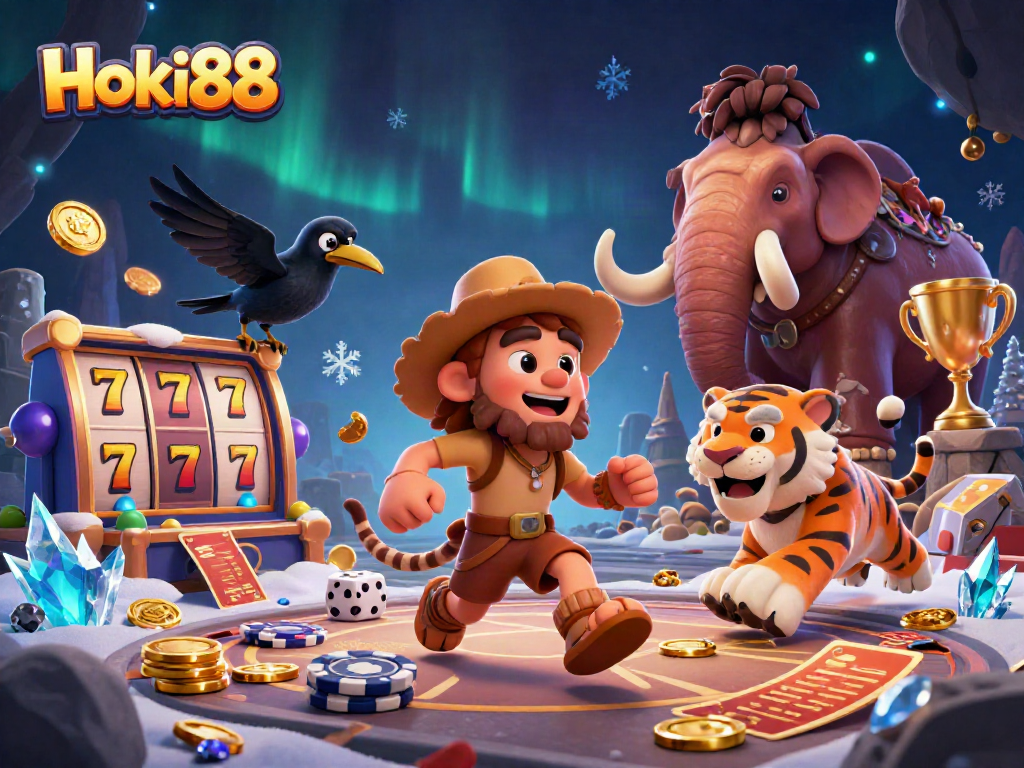 Hoki88 memperlihatkan kasino prasejarah dengan koin emas dan reel slot yang menarik.