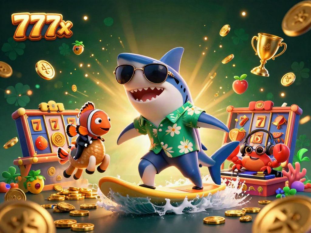 Immerse in action with 777x as a shark surfs on coins amidst vibrant online casino symbols.