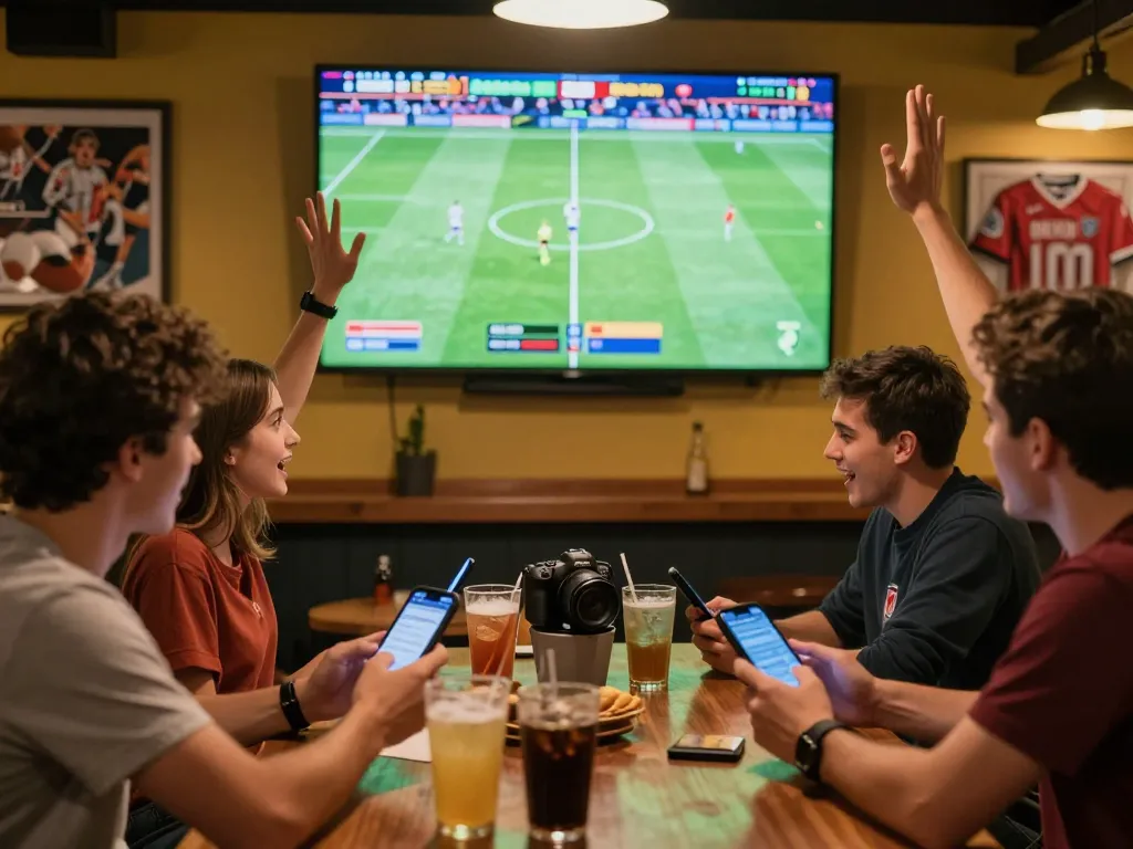 Excited sports fans engaging in kèo bóng đá betting at a lively bar during a match.