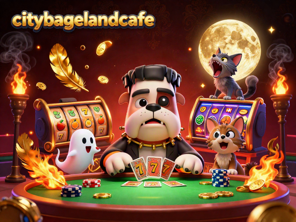 citybagelandcafe menampilkan monster bulldog memegang kartu di meja kasino yang menakutkan