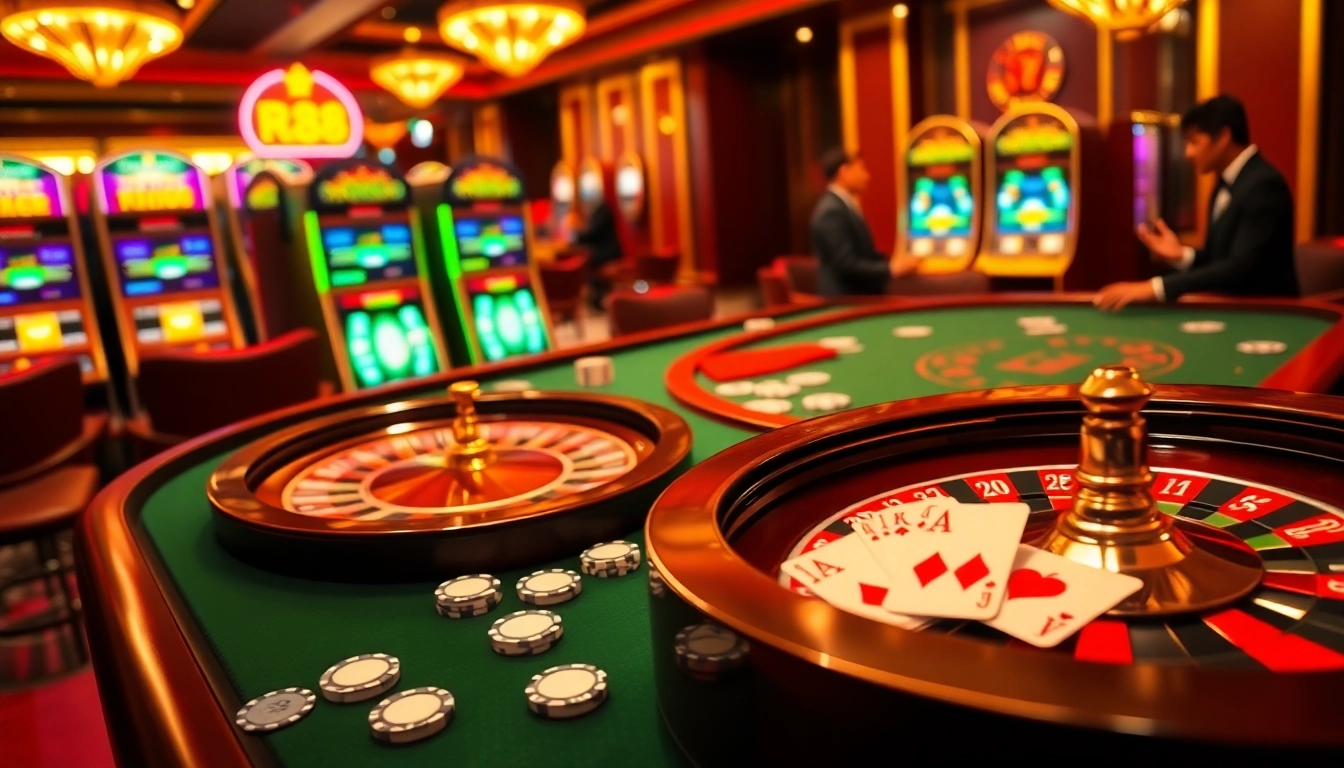 RR88 showcases a luxurious casino scene with poker chips and a roulette wheel vibrantly displayed.