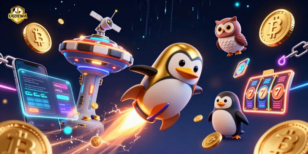UGDEWA reveals an animated scene with a golden penguin and casino elements amidst vibrant crypto visuals.