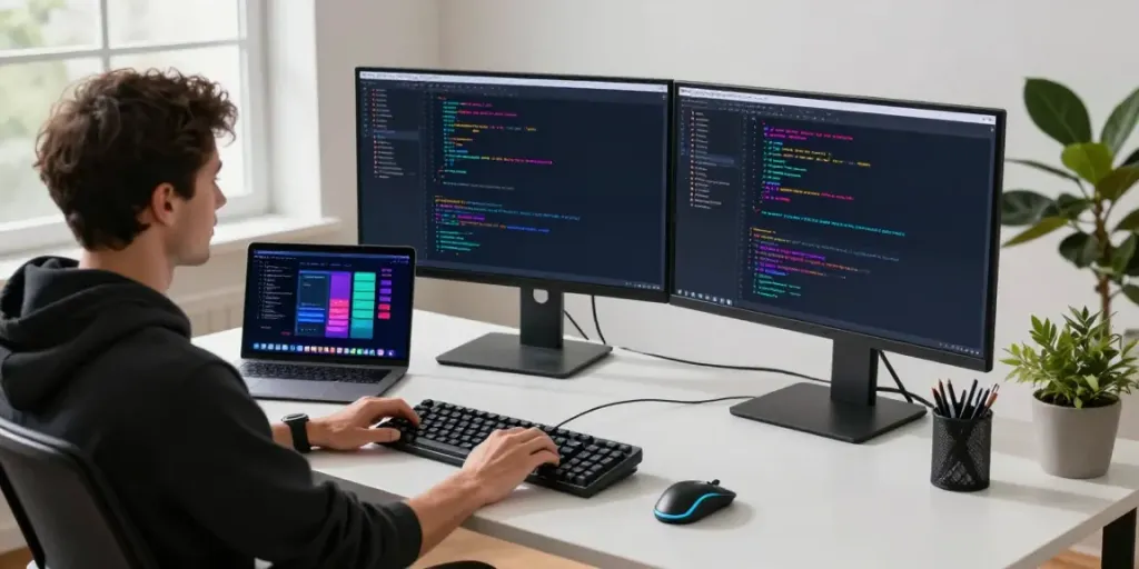 Developer programming on dual monitors in a modern tech workspace, showcasing a80 innovations.