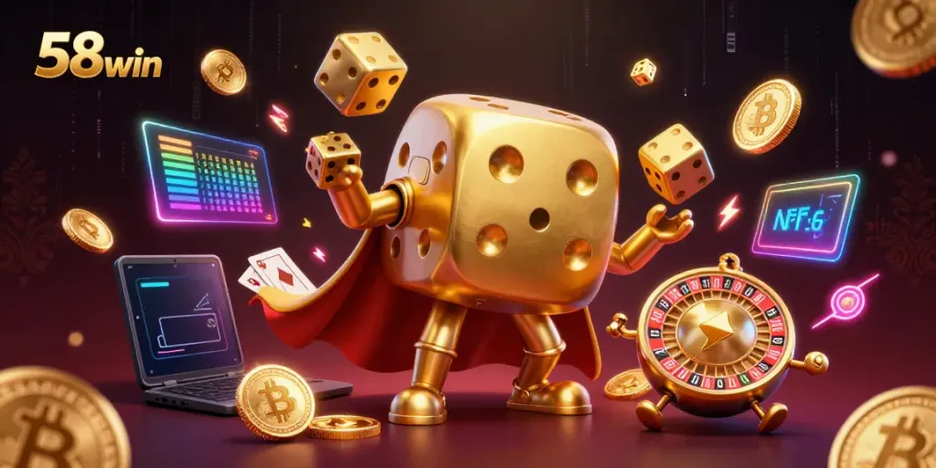 Play and win at 58win featuring a dynamic 3D cartoon scene with a golden dice golem and crypto elements.