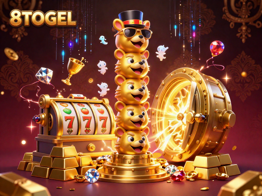 Permainan slot bertema 8TOGEL dengan totem kartun mewah dan barang berharga.
