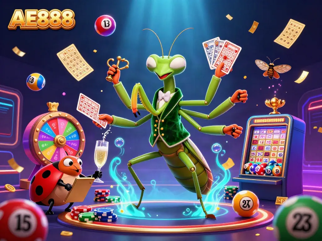 Engage with AE888's vibrant casino scene featuring a giant praying mantis card sharp and lively elements.