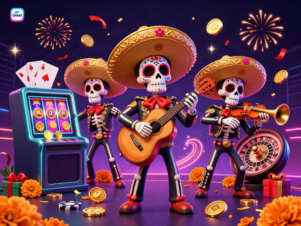 Experience the excitement of Onbet with vibrant Dia de los Muertos skeletons celebrating gambling alongside colorful slot games.