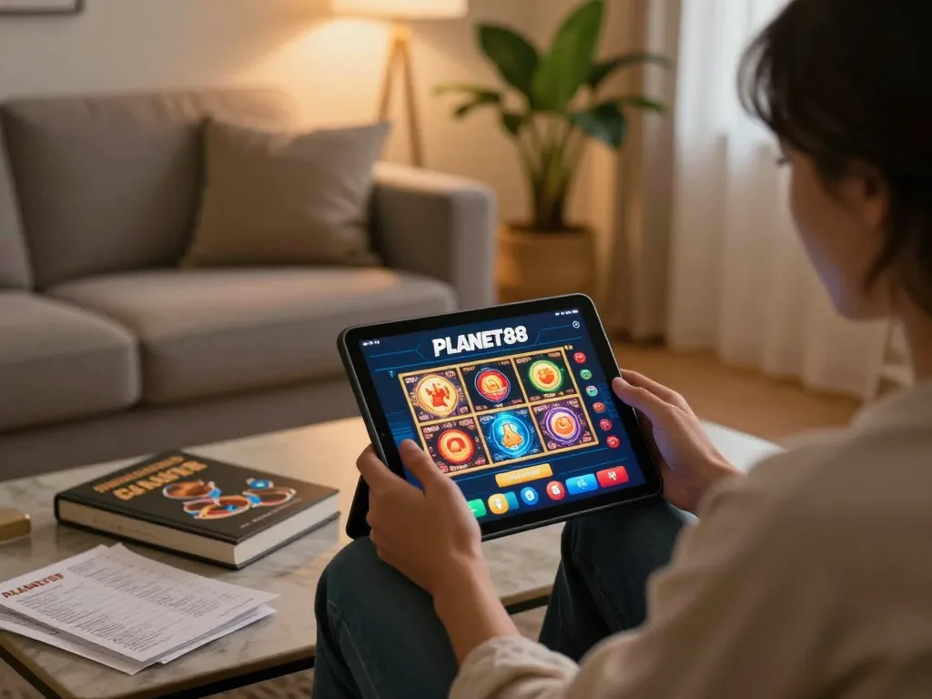 Engaged user playing on the PLANET88 casino app on a tablet, highlighting online gambling comfort and strategy.