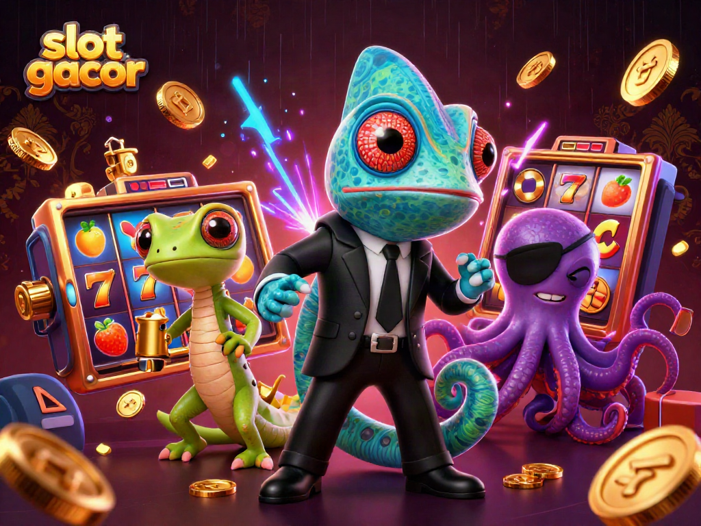 Slot gacor menampilkan karakter kartun 3D agen rahasia, gecko, dan octopus dalam adegan kasino yang dinamis.