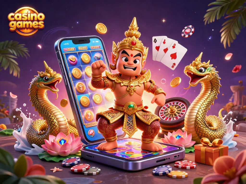 Engaging casino games scene with vibrant characters, slot games, and winning elements.