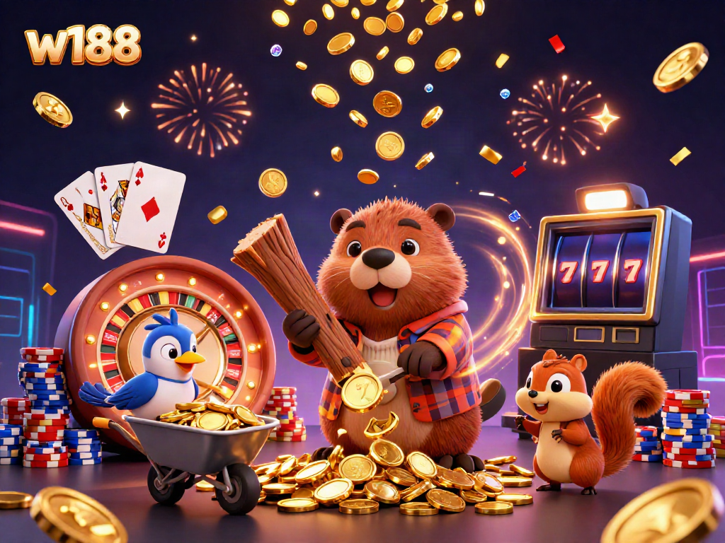 Experience excitement with w188 as cartoon characters celebrate a vibrant casino scene filled with gold.