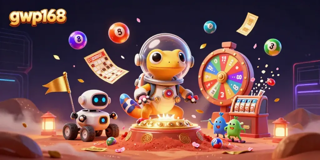 Gecko Martian di kasino emas gwp168 dengan bola lotere berwarna-warni dan efek hujan uang.